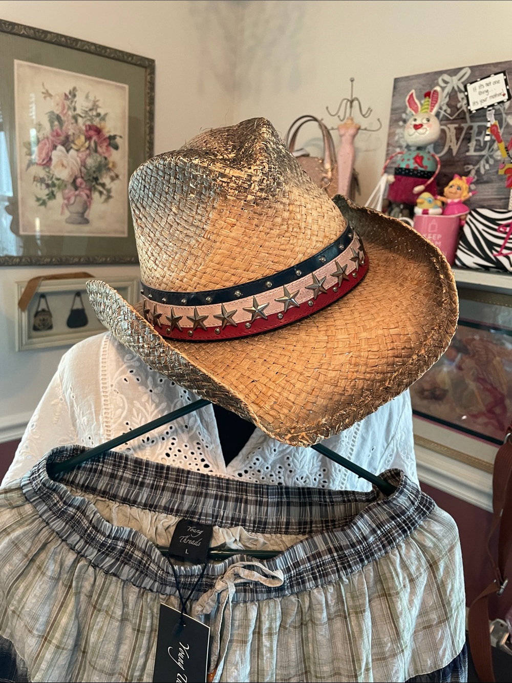 Cody James Straw Hat with Star-Studded Red & Blue band with silver stars .